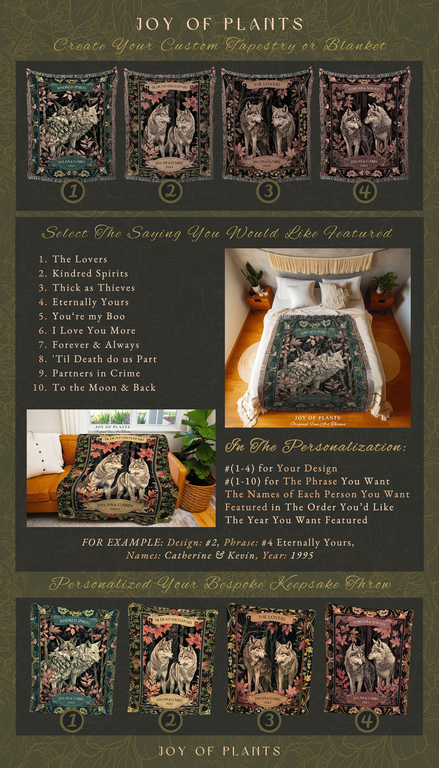 Custom Names Wolf Couple Blanket | Victorian Gothic Aesthetic Personalized Woven Blanket Wedding Unique Gift Idea for Boyfriend Tapestry |