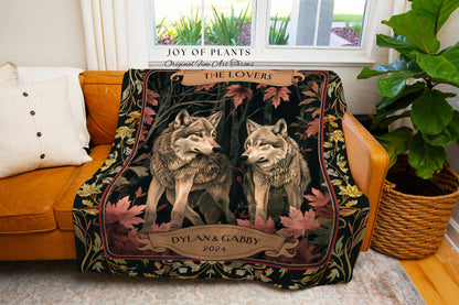 Couples Cotton Blanket Personalized 'The Lovers' | Dating Anniversary Gift His & Hers Wolf Tapestry Woodland Wedding Unique Couple Gift Idea