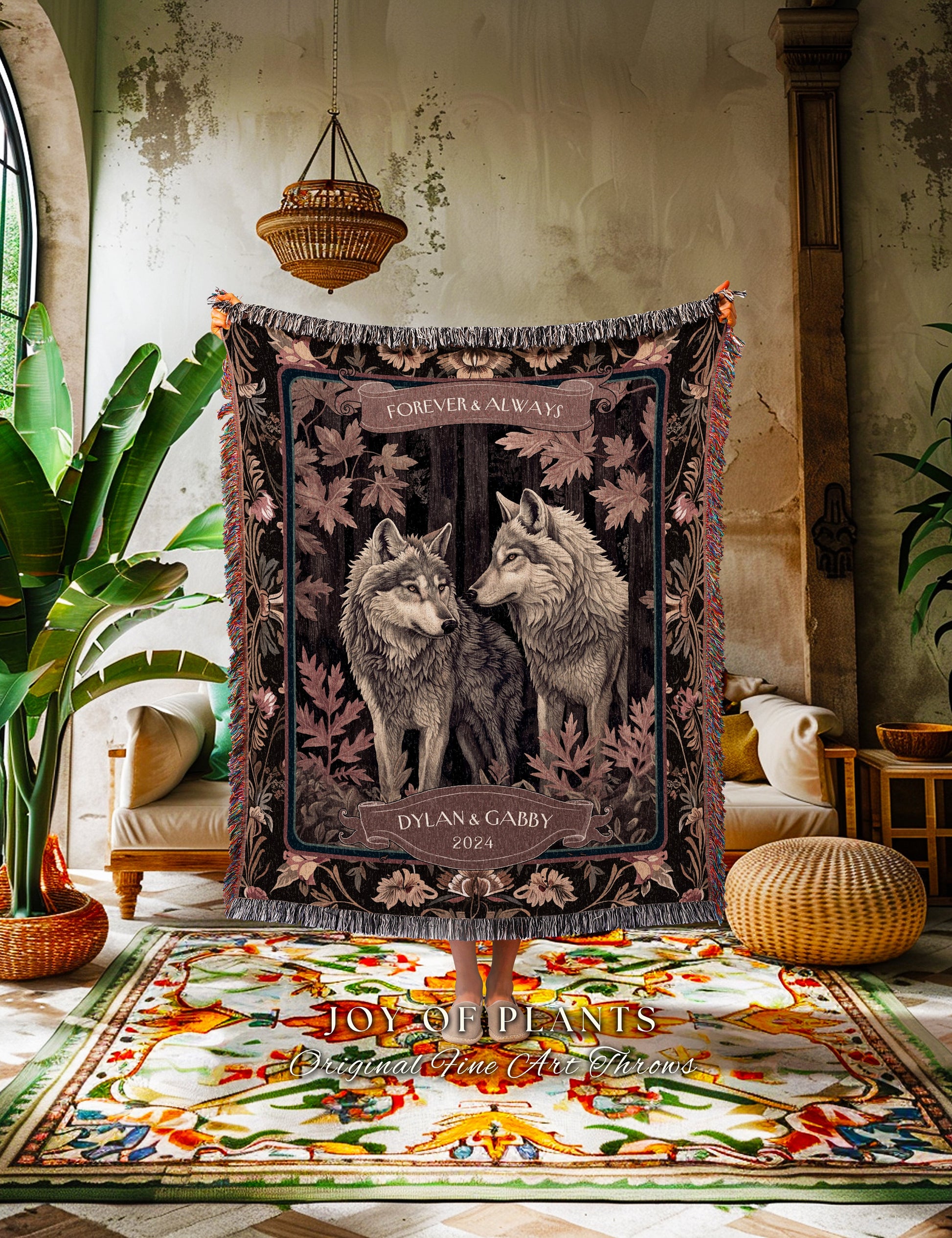 Autumn Wolves Personalized Couples Throw | Custom Anniversary Gift His & Hers Wolf Tapestry Woodland Wedding Unique Couple Gift Idea Cozy |