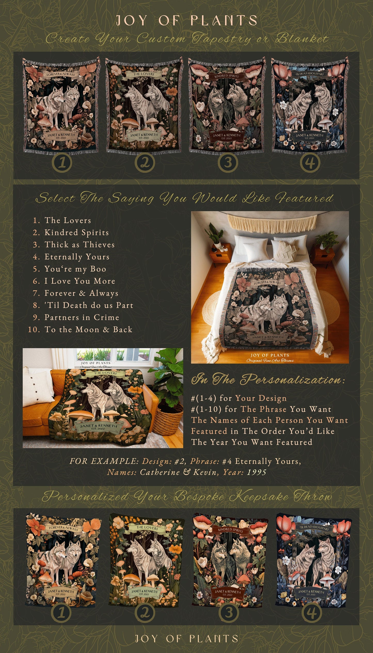 Wolf Lover Couple Blanket Personalized | Outdoorsy Anniversary Gift Custom Wolf Tapestry Woodland Cottagecore Wedding Unique Couple Gifts |