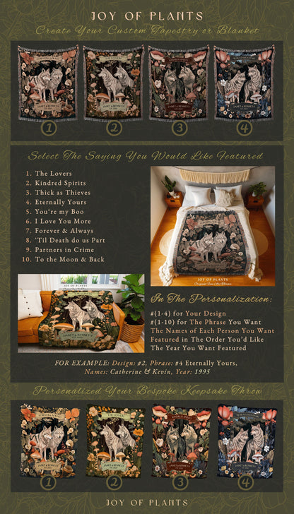 Woodland Wolves Custom Couple Blanket | Dating Anniversary Gift His & Hers Wolf Tapestry Woodland Cottagecore Wedding Unique Couple Gifts |