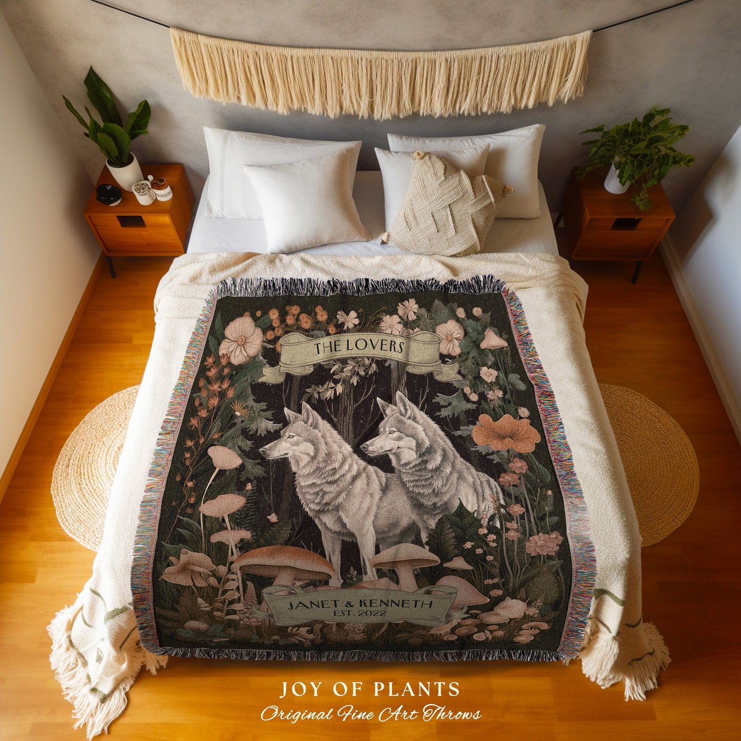 Woodland Wolves Custom Couple Blanket | Dating Anniversary Gift His & Hers Wolf Tapestry Woodland Cottagecore Wedding Unique Couple Gifts |