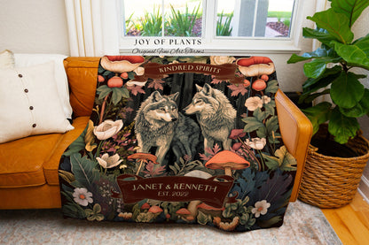 Mushroom Woodland Personalized Couple Blanket | Cozy Couple Gift Ideas Custom Blanket Wedding Unique Dark Cottagecore Wolf Lover Throw |