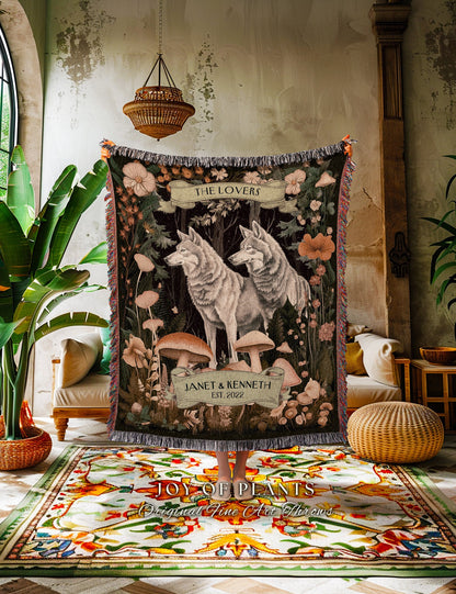 Woodland Wolves Custom Couple Blanket | Dating Anniversary Gift His & Hers Wolf Tapestry Woodland Cottagecore Wedding Unique Couple Gifts |