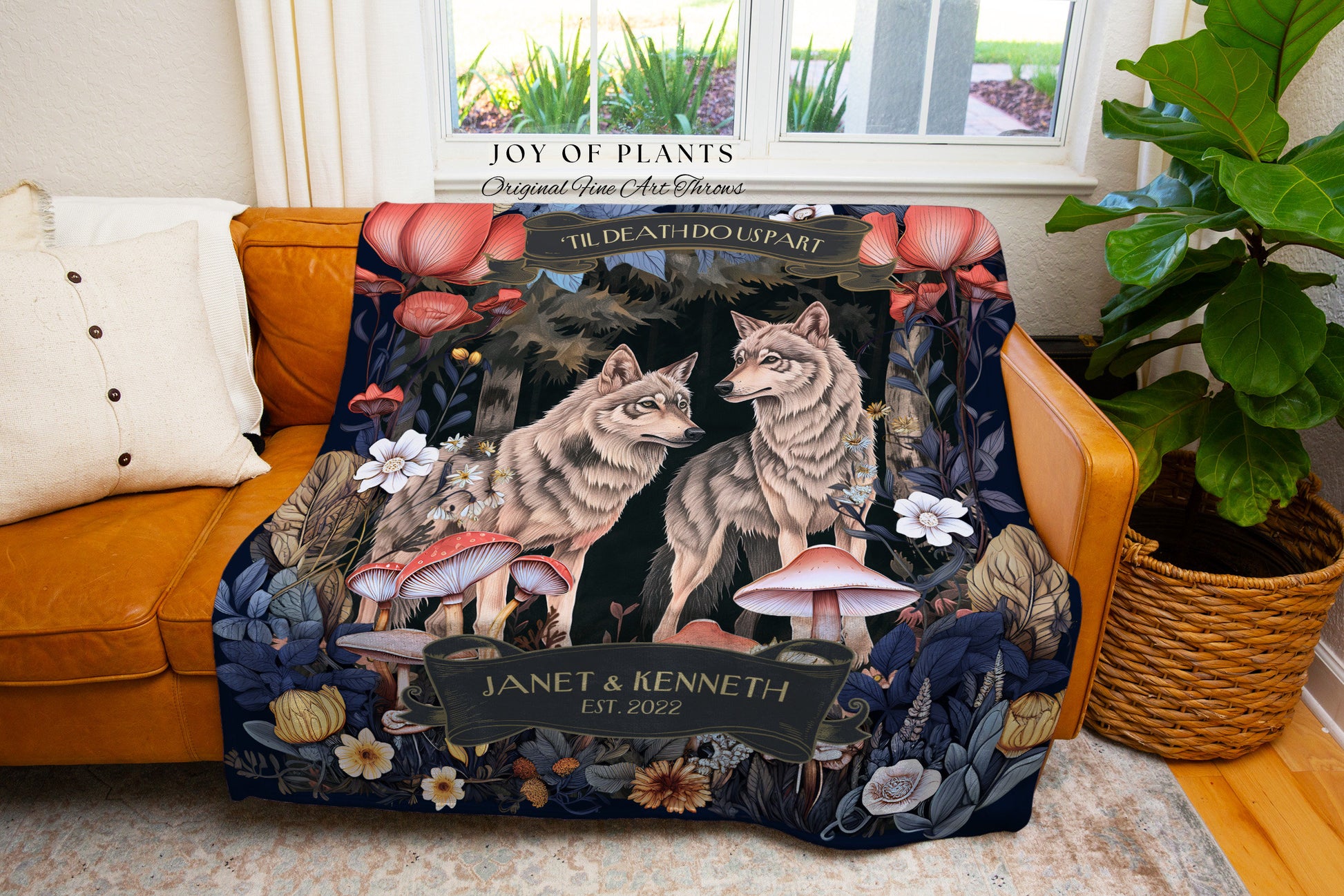 Dark Floral Wolf Couple Woven Blanket | Wedding Anniversary Mr & Mrs Personalized Unique Couple Gift for Boyfriend and Girlfriend Custom |