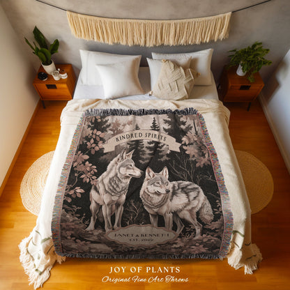 Forest Spirits Personalized Throw Blanket | Anniversary Gift His & Hers Wolf Tapestry Cottagecore Wedding Unique Couple Gift for Boyfriend |