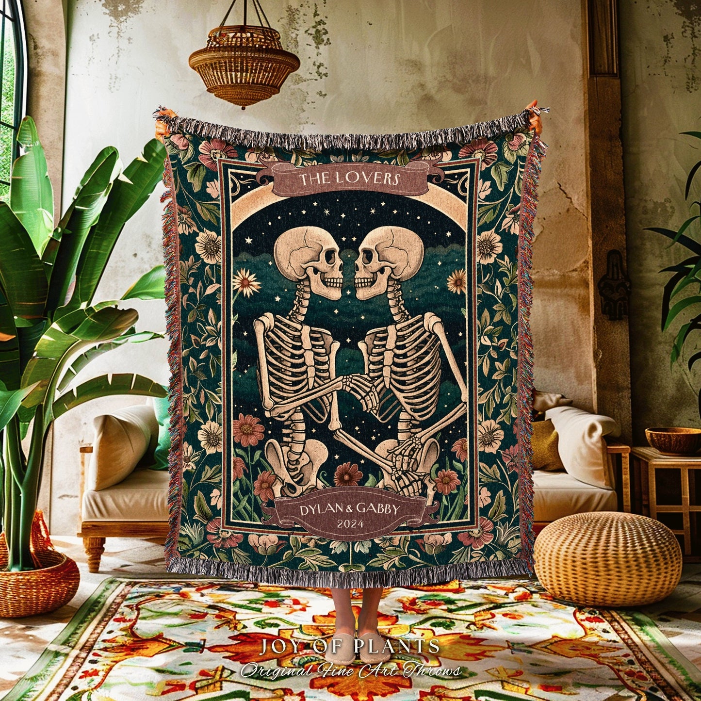 The Lovers Custom Skeleton Couple Tapestry | Dating Anniversary Wedding Blanket Skeleton Lover Tarot Gift for Boyfriend Personalized Couple