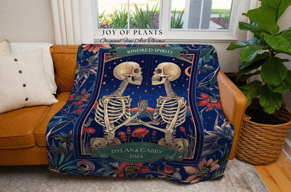 Midnight Blue Skeleton Blanket Cozy Gift | First Year Anniversary Blanket Gothic Tarot Lover Custom Gift for Girlfriend Personalized Couple