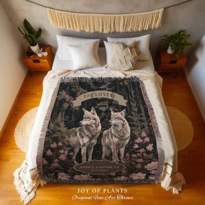 His & Hers Wolf Couple Woodland Blanket | Cottagecore Wedding Anniversary Gift Mr and Mrs Tapestry Unique Couple Gift for Boyfriend Woven |