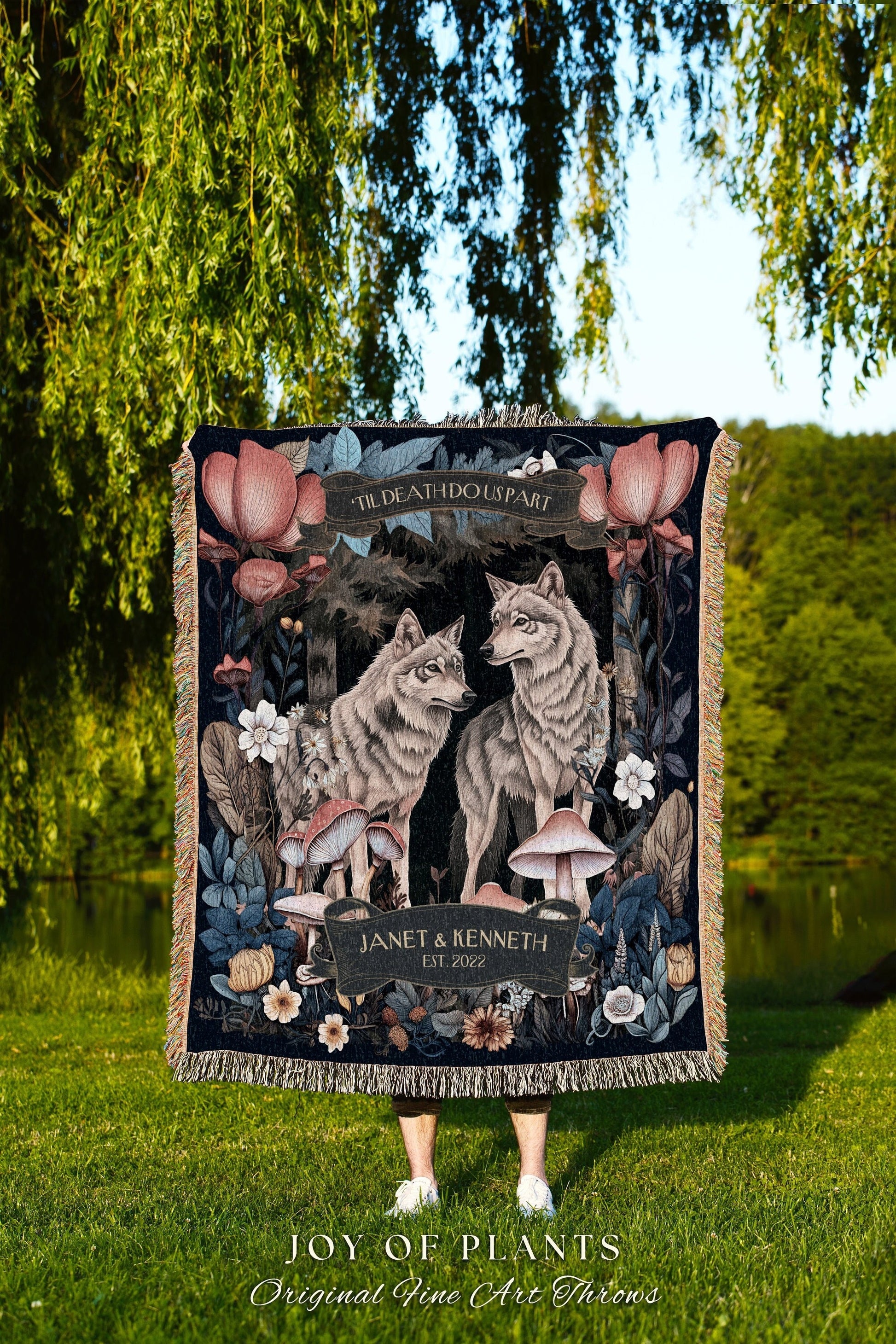 Dark Floral Wolf Couple Woven Blanket | Wedding Anniversary Mr & Mrs Personalized Unique Couple Gift for Boyfriend and Girlfriend Custom |