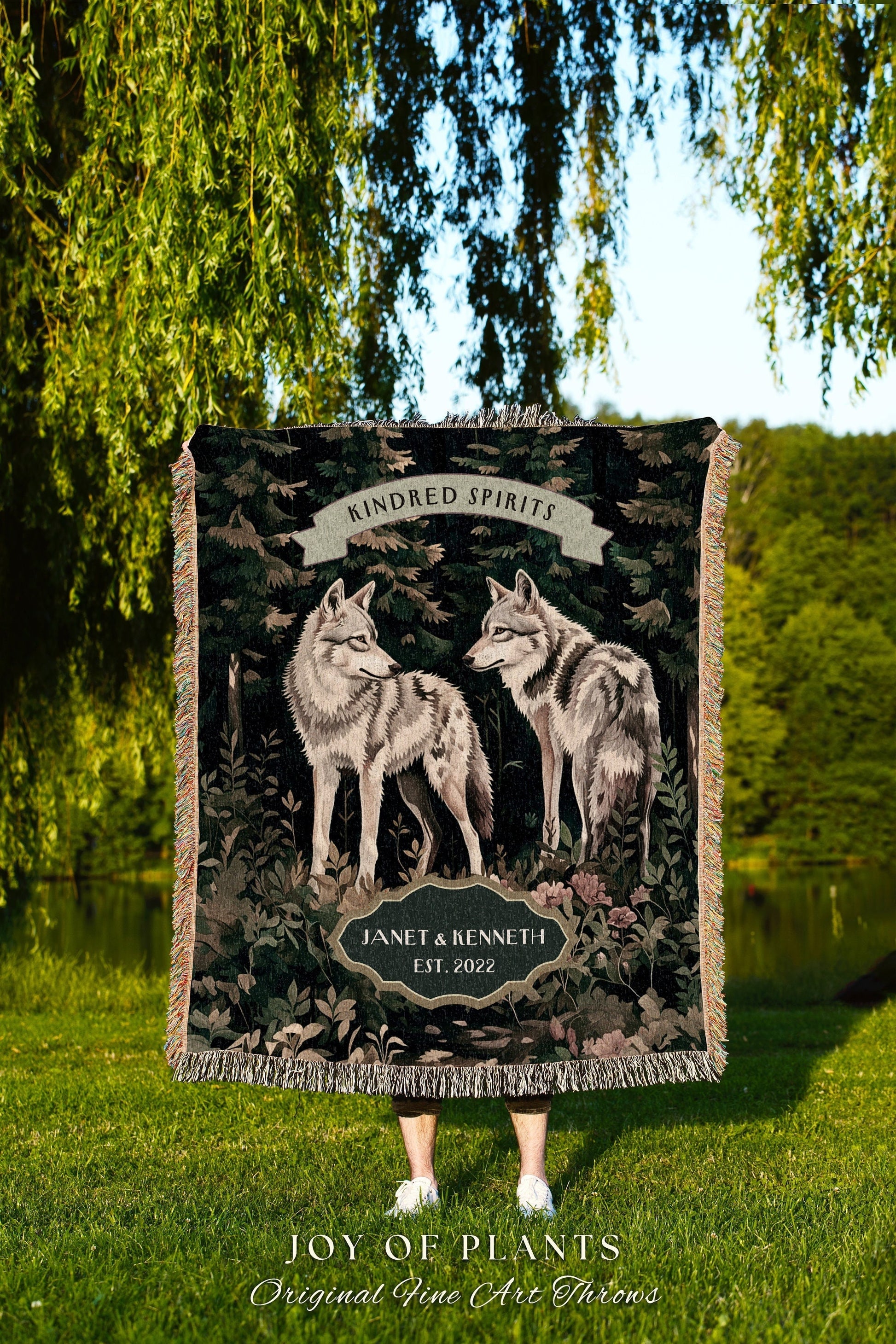 Forestcore Wolf Lovers Personalized Throw | Romantic Couple Gift Ideas Custom Woven Blanket Ethereal Woodland Wedding Unique Couple Tapestry