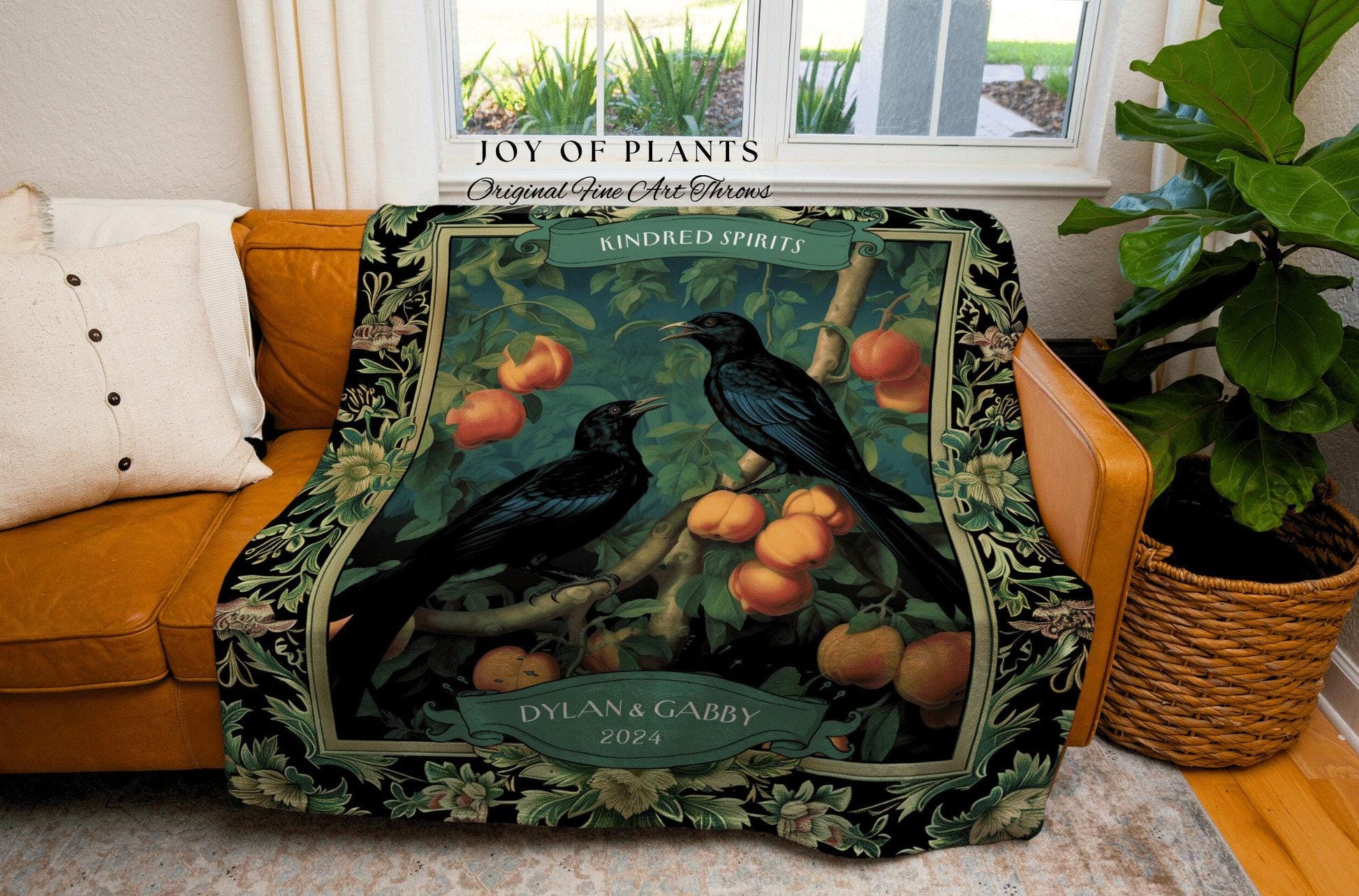 Botanical Gothic Raven Couple Blanket | Dark Cottagecore Aesthetic Woven Throw Personalized Dating Anniversary Raven Gift for Goths Custom |