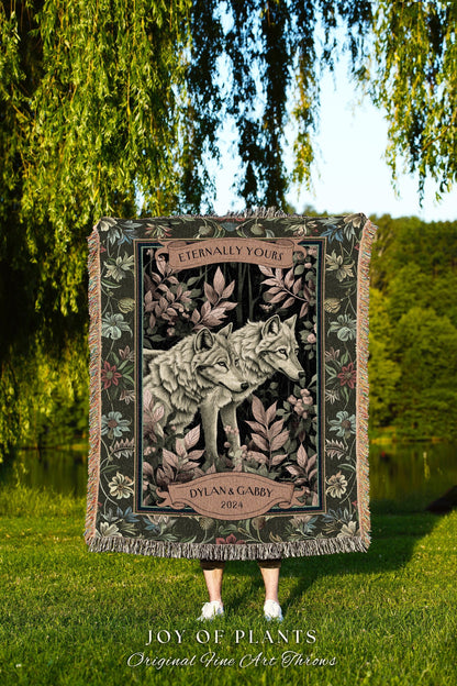 Ethereal Woodland Wolf Couple Custom Throw | Romantic Couple Gift Ideas Custom Woven Blanket Wedding Unique Couple Tapestry Dark Cottagecore