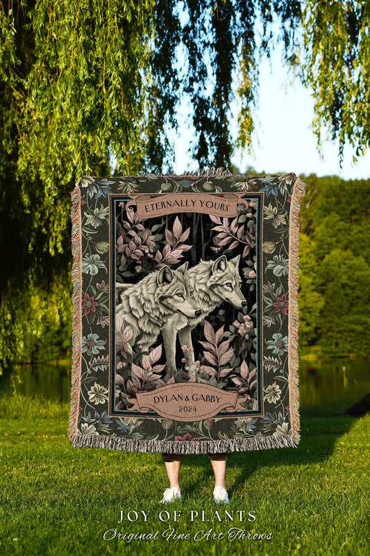 Ethereal Woodland Wolf Couple Custom Throw | Romantic Couple Gift Ideas Custom Woven Blanket Wedding Unique Couple Tapestry Dark Cottagecore