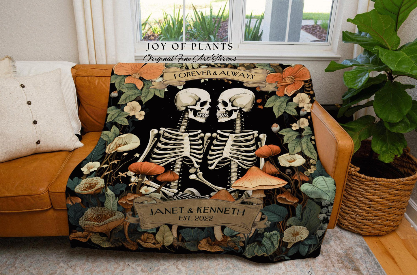 Gothic Botanical Skeleton Couple Picnic Blanket | Meaningful Anniversary Blanket Skeleton Lover Custom Gift for Girlfriend Personalized |