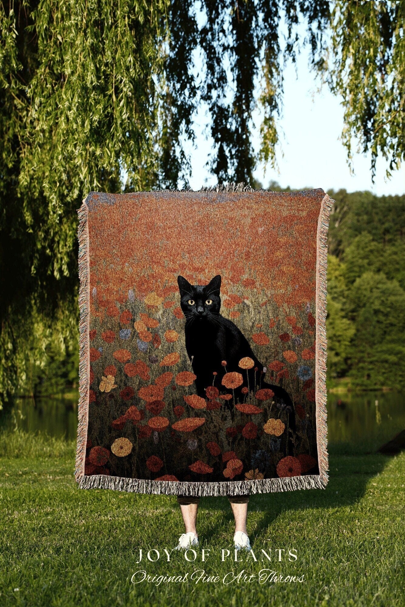 Poppy Fields Black Cat Art Halloween Decor Tapestry Black Cat Woven Blanket | Spooky Cat Halloween Decor Dark Cottagecore Tapestry Floral |