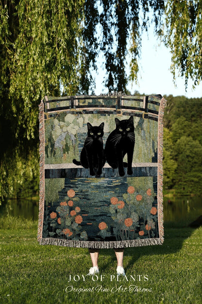 Two Cats at the Pond Blanket Woven Tapestry Claude Monet Bridge Over a Pond of Water Lilies | Art Tapestry Monet Water Lilies Blanket Cat |