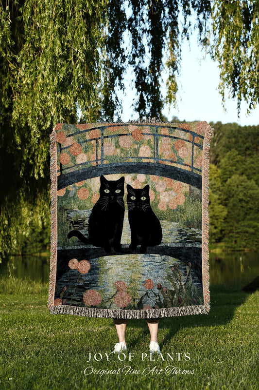 Woven Tapestry Art Claude Monet Bridge Over a Pond of Water Lilies | Art Tapestry Monet Water Lilies Blanket Cat Couple Spooky Cute Gift |