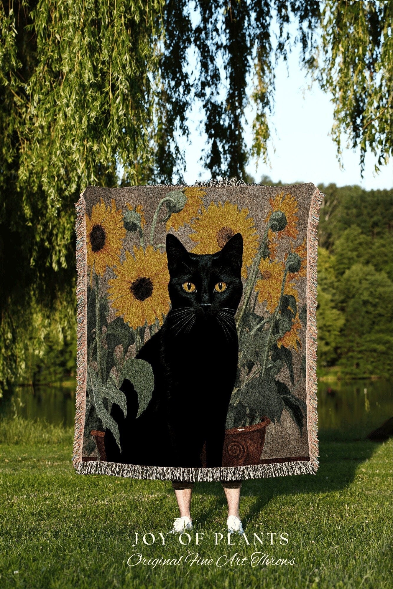 Black Cat Sunflower Tapestry Cat Art Famous Painting Decor Tapestry Black Cat Woven Blanket | Spooky Halloween Cat Vincent Van Gogh Tapestry