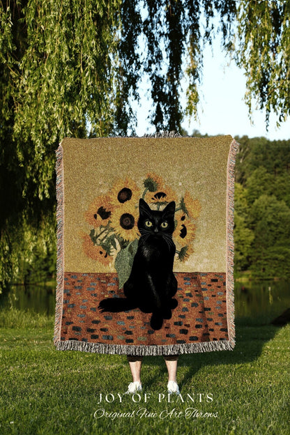 Van Gogh Sunflower Tapestry Black Cat Art Famous Painting Decor Tapestry Black Cat Woven Blanket | Spooky Halloween Cat Van Gogh Tapestry |