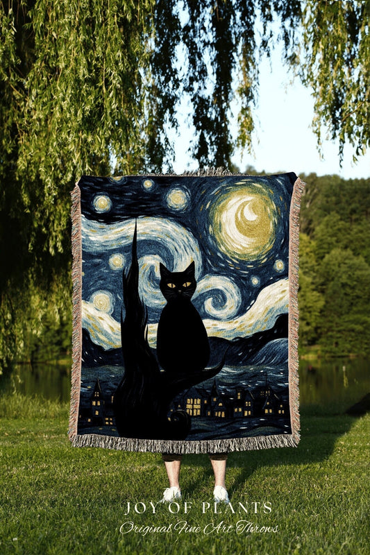 Starry Night Tapestry Art Famous Painting Decor Tapestry Black Cat Woven Blanket | At History Gift Cat Vincent Van Gogh Inspired Tapestry