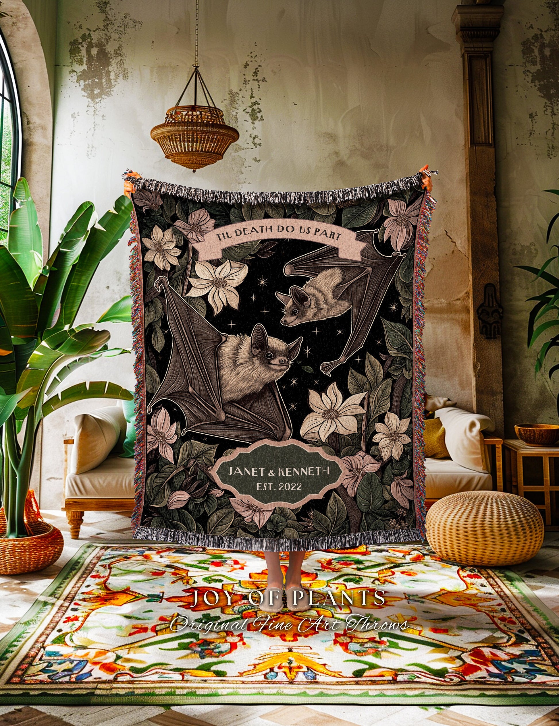 Pastel Pink Bat Couple Blanket Custom Gift | Celestial Aesthetic Dark Academia Gift Bat Lover Tapestry Woven Throw Custom Anniversary Gift |