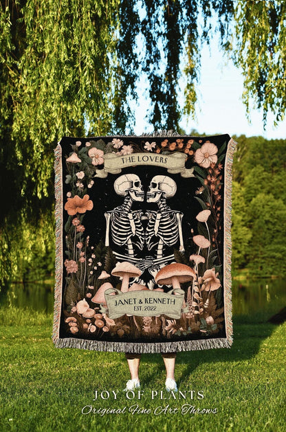 Floral Skeleton Couple Custom Romantic Gift | Meaningful Anniversary Blanket Skeleton Lover Custom Gift for Girlfriend Personalized Tapestry