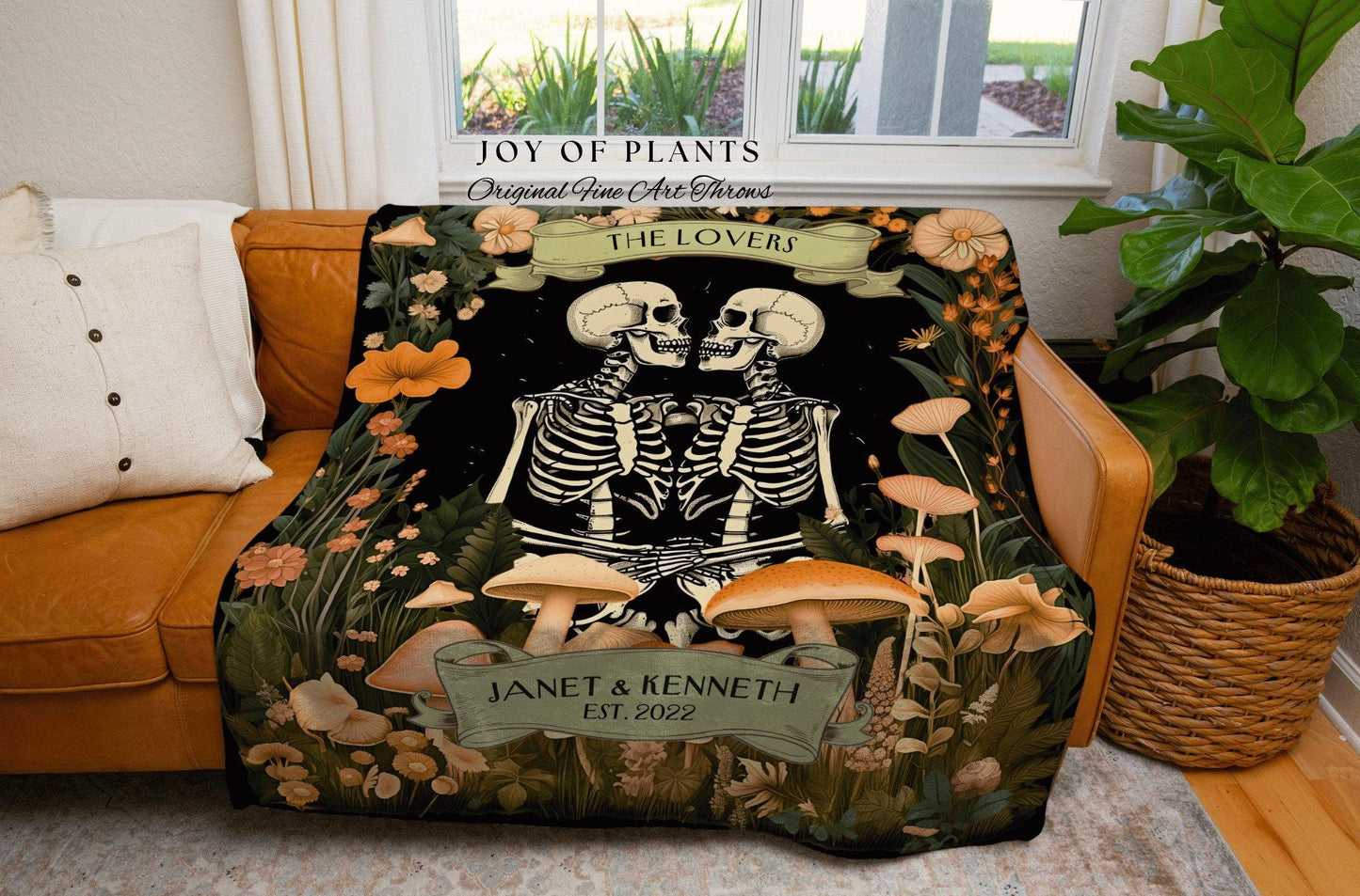 Floral Skeleton Couple Custom Romantic Gift | Meaningful Anniversary Blanket Skeleton Lover Custom Gift for Girlfriend Personalized Tapestry