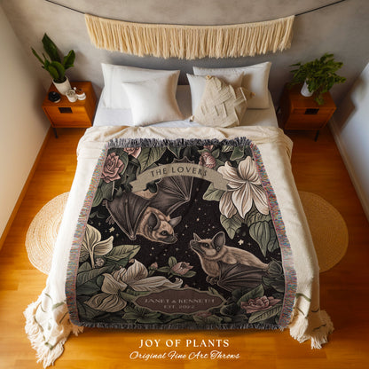 Dark Floral 'The Lovers' Bat Couple Throw | Whimsigoth Aesthetic Cottagecore Gift for Bat Lover Tapestry Woven Blanket Custom Anniversary |