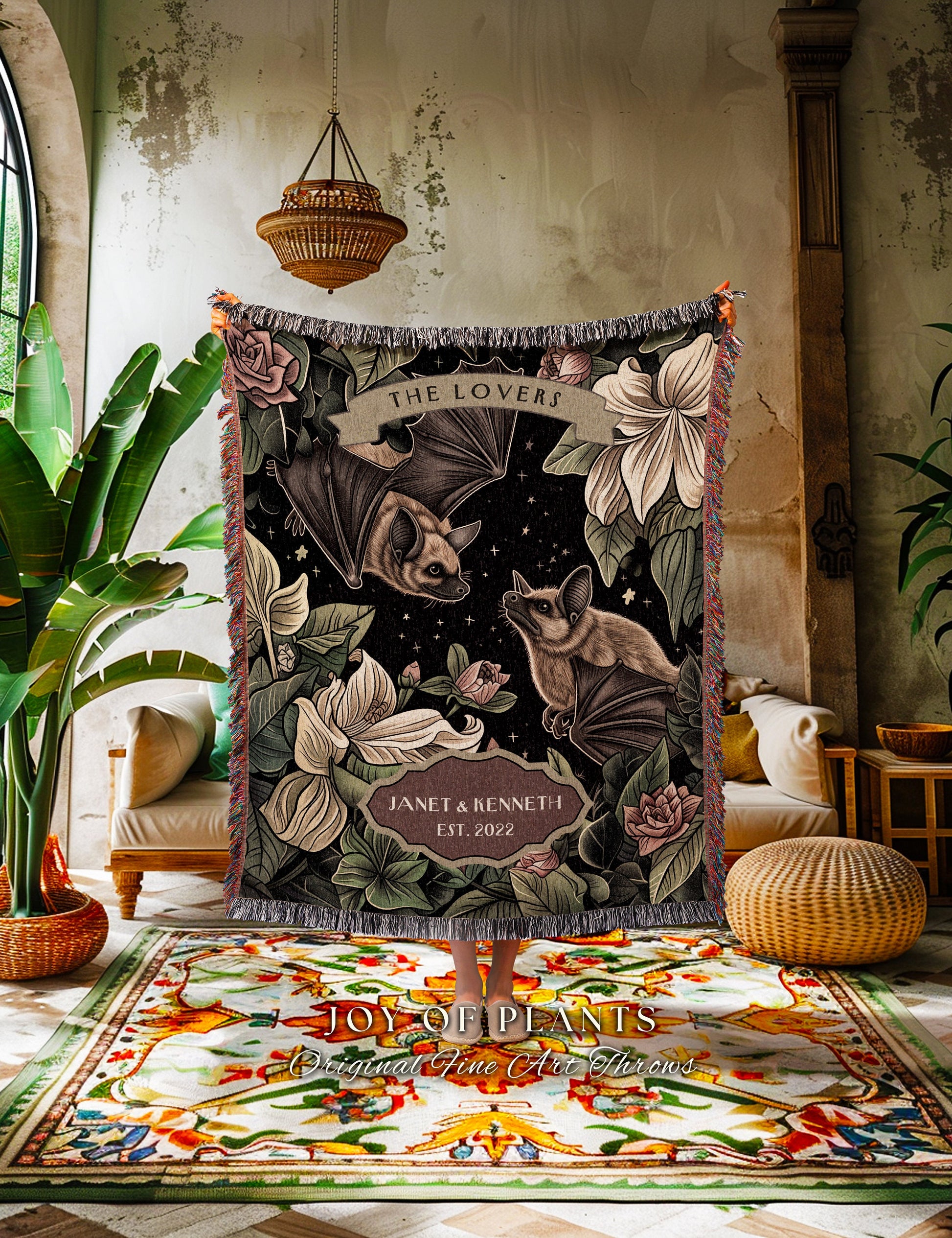 Dark Floral 'The Lovers' Bat Couple Throw | Whimsigoth Aesthetic Cottagecore Gift for Bat Lover Tapestry Woven Blanket Custom Anniversary |