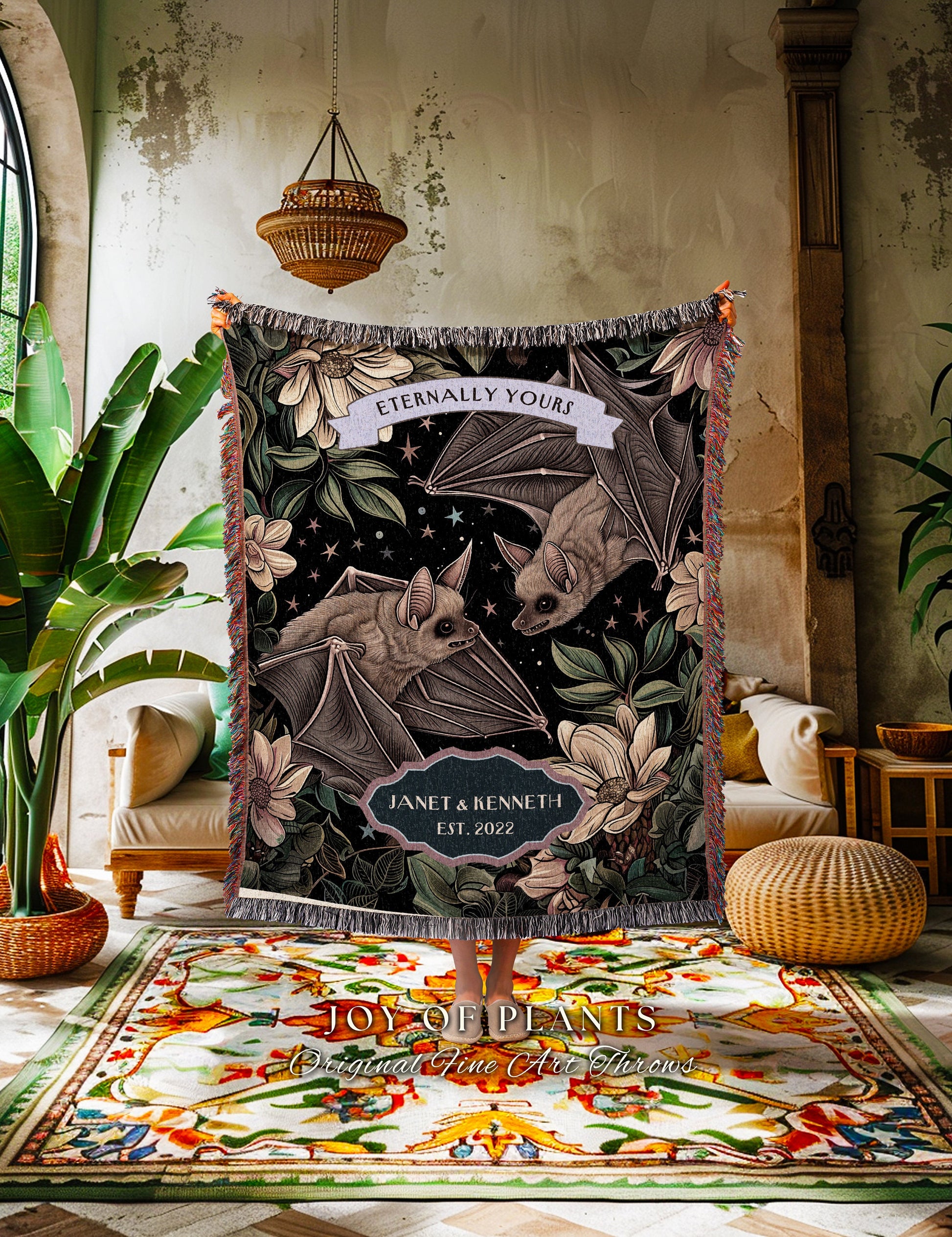 Romantic Bat Couple Woven Blanket Personalized | Celestial Aesthetic Dark Academia Bat Lover Tapestry Woven Throw Custom Anniversary Gift |