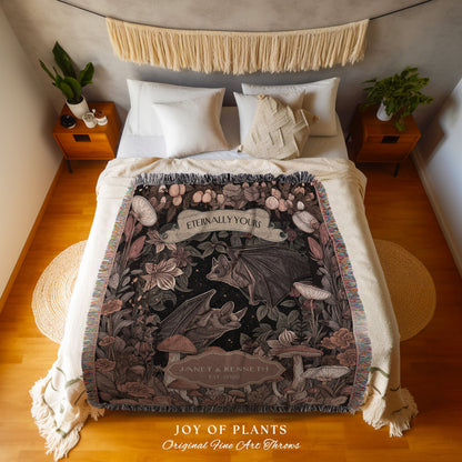 His & Her Bat Couple Personalized Woven Blanket | Whimsigoth Aesthetic Cottagecore Bat Lover Mushroom Tapestry Custom Anniversary Gift |