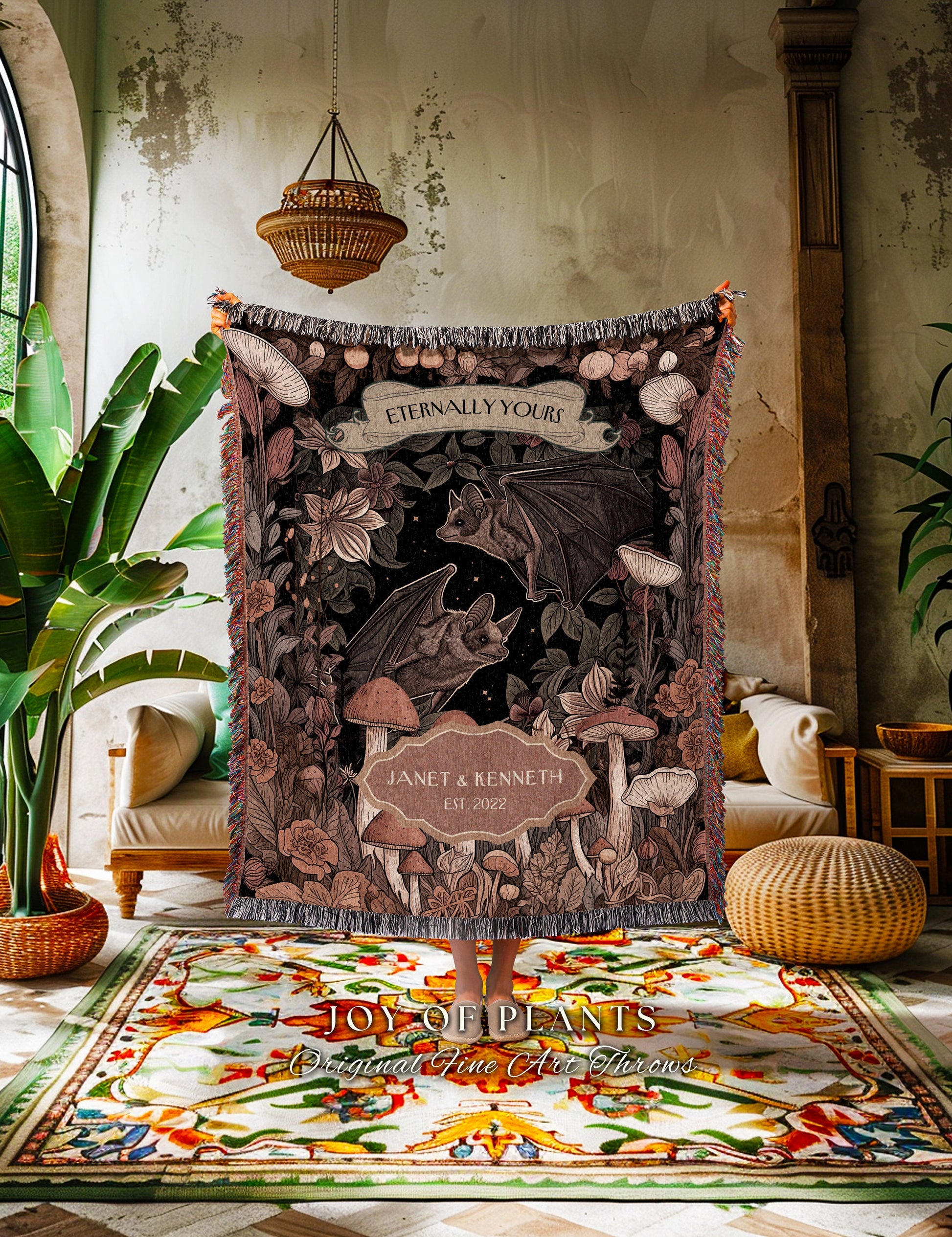 His & Her Bat Couple Personalized Woven Blanket | Whimsigoth Aesthetic Cottagecore Bat Lover Mushroom Tapestry Custom Anniversary Gift |