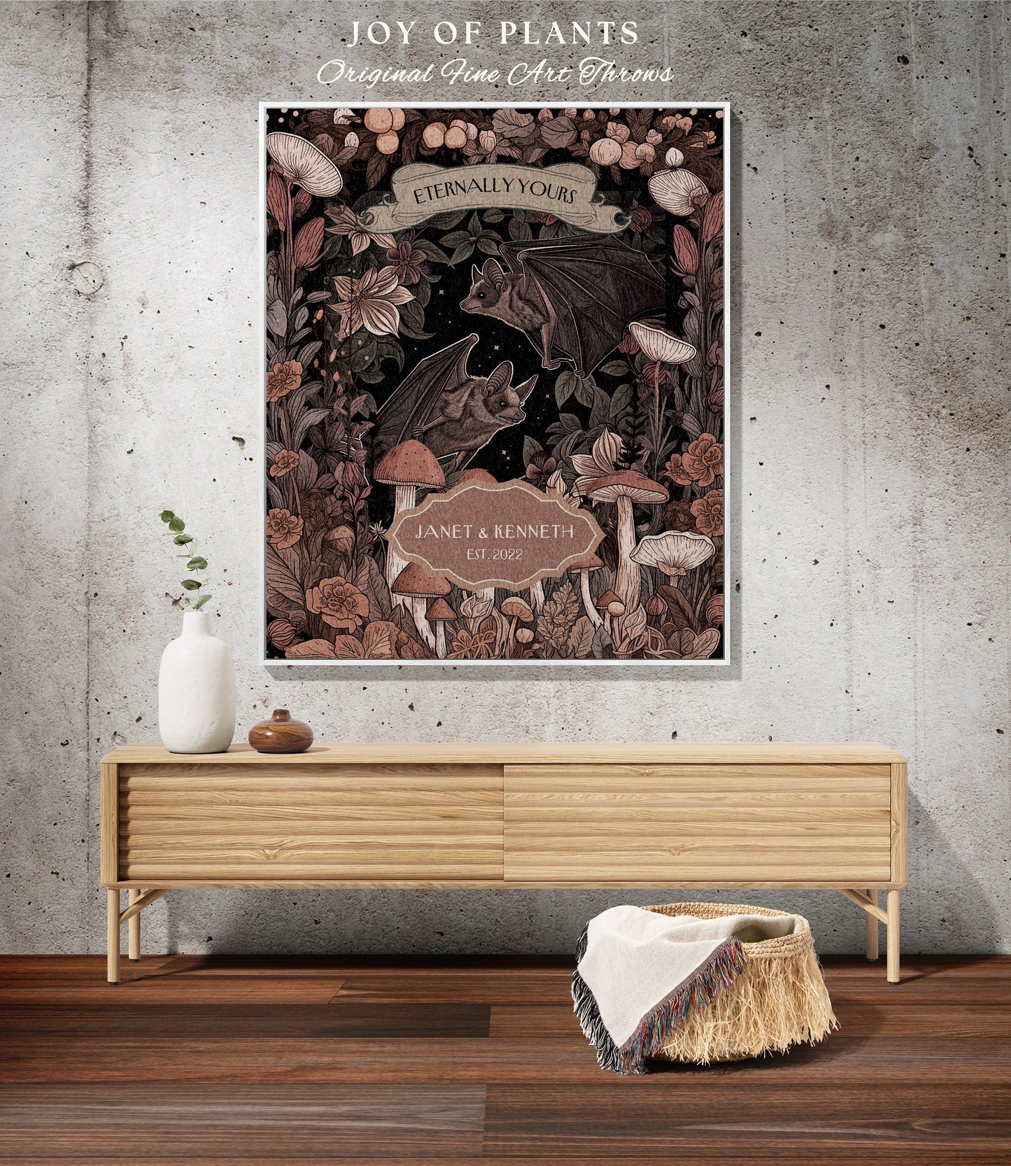 His & Her Bat Couple Personalized Woven Blanket | Whimsigoth Aesthetic Cottagecore Bat Lover Mushroom Tapestry Custom Anniversary Gift |