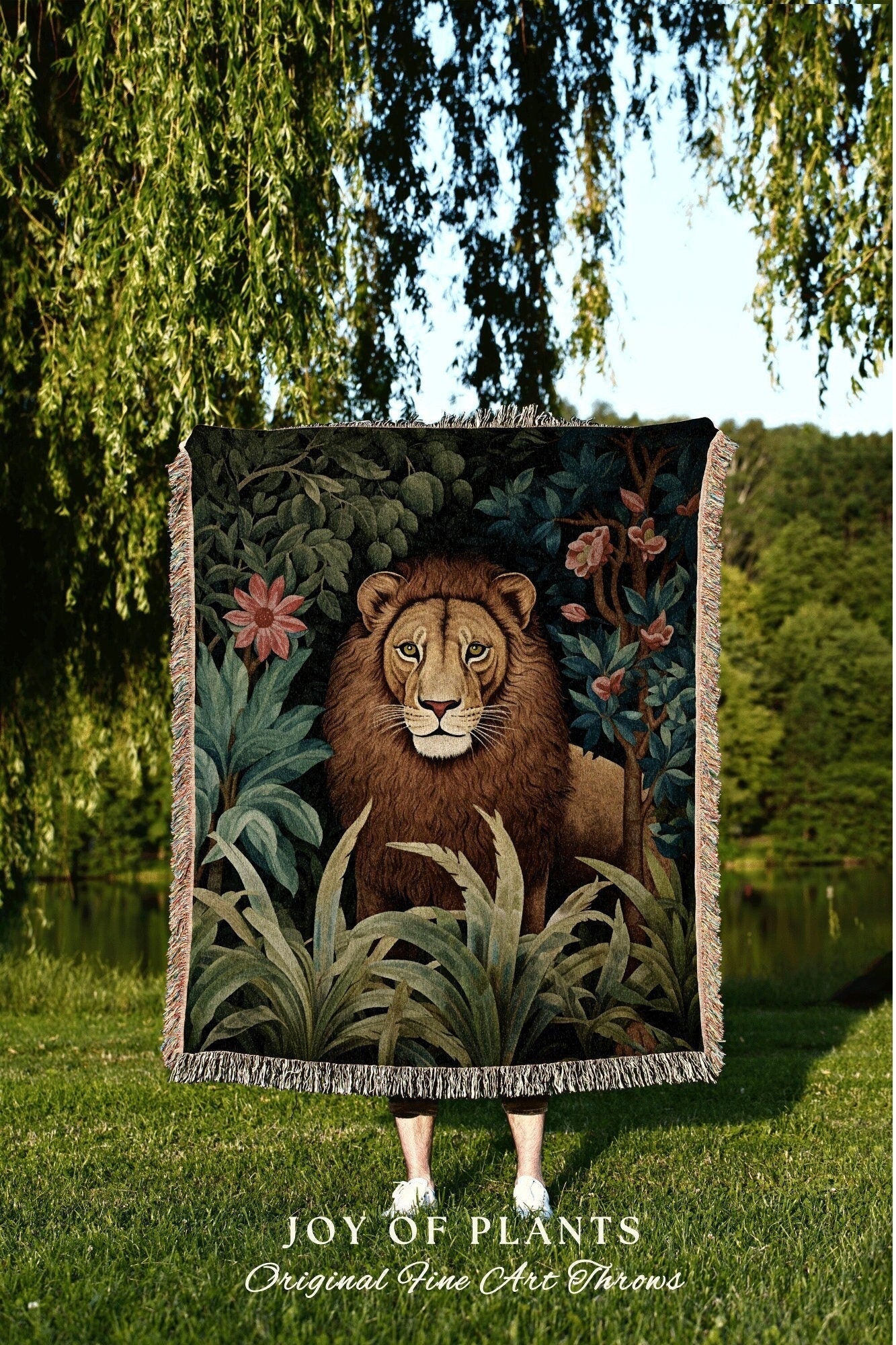 Jungle Blanket Woven Floral | William Morris inspired Nature Blanket Vintage Woodland Cottagecore Decor Woven Blanket Lion Decor Vintage Art