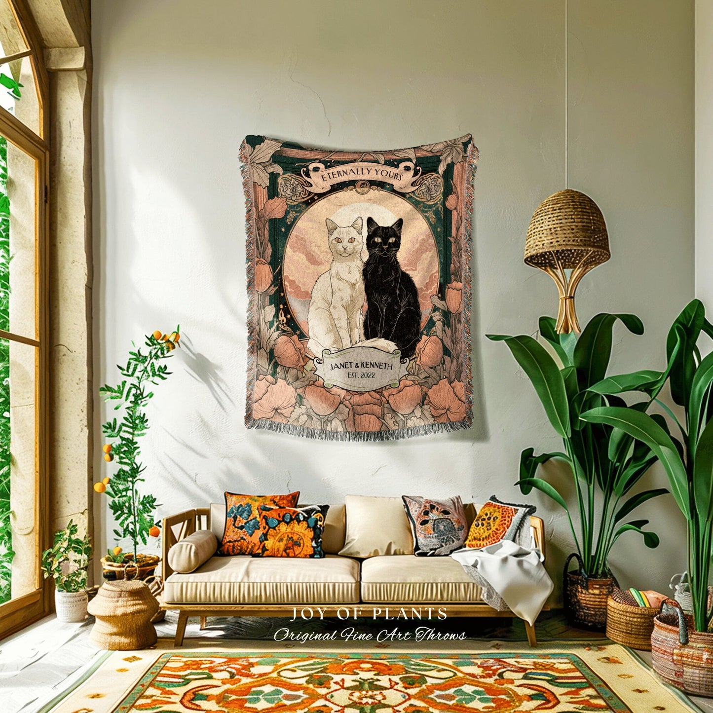 Ethereal Cat Lover Couple Blanket Custom | Goth Aesthetic Woven Throw Personalized Name Dating Anniversary Gift Dark Academia Tapestry