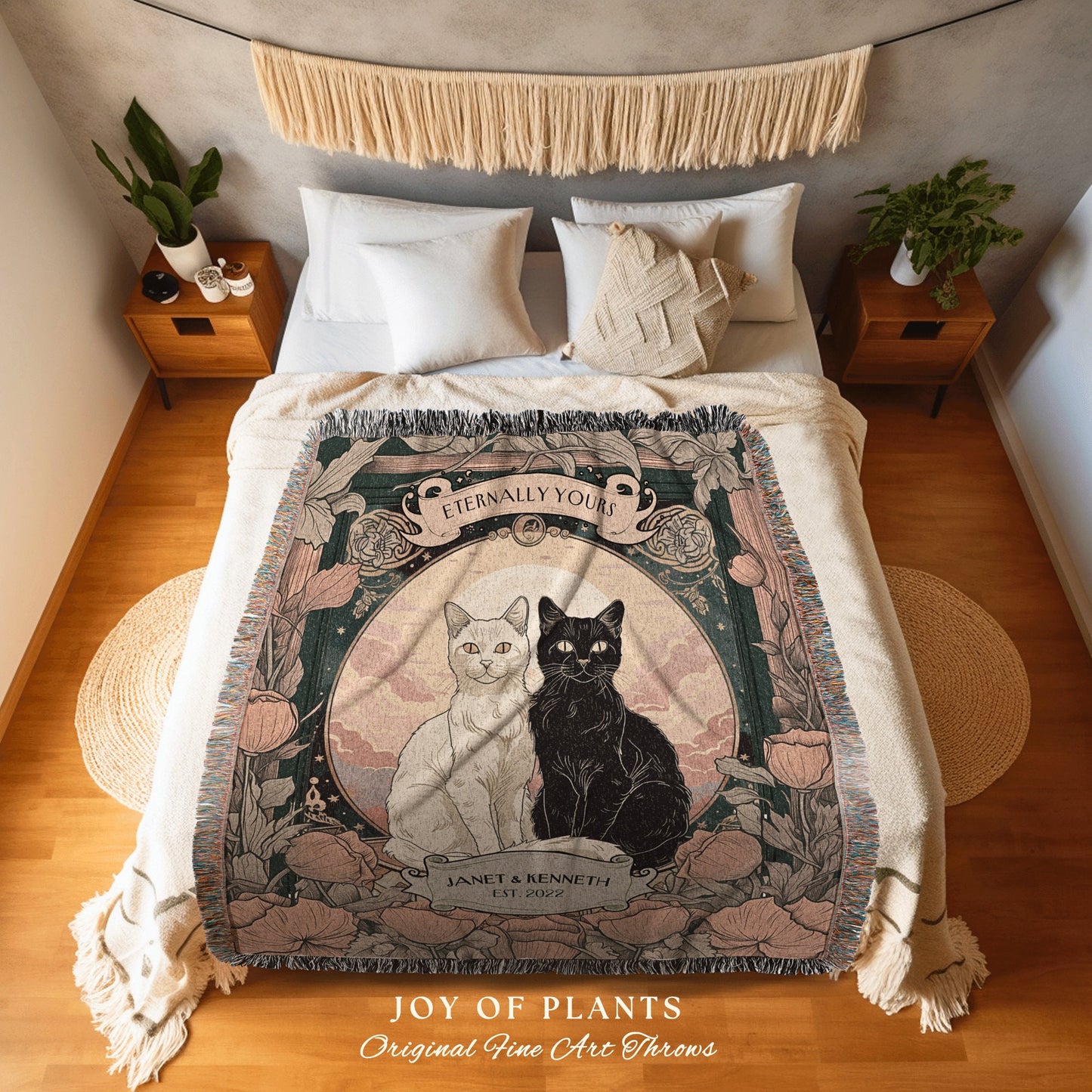 Ethereal Cat Lover Couple Blanket Custom | Goth Aesthetic Woven Throw Personalized Name Dating Anniversary Gift Dark Academia Tapestry