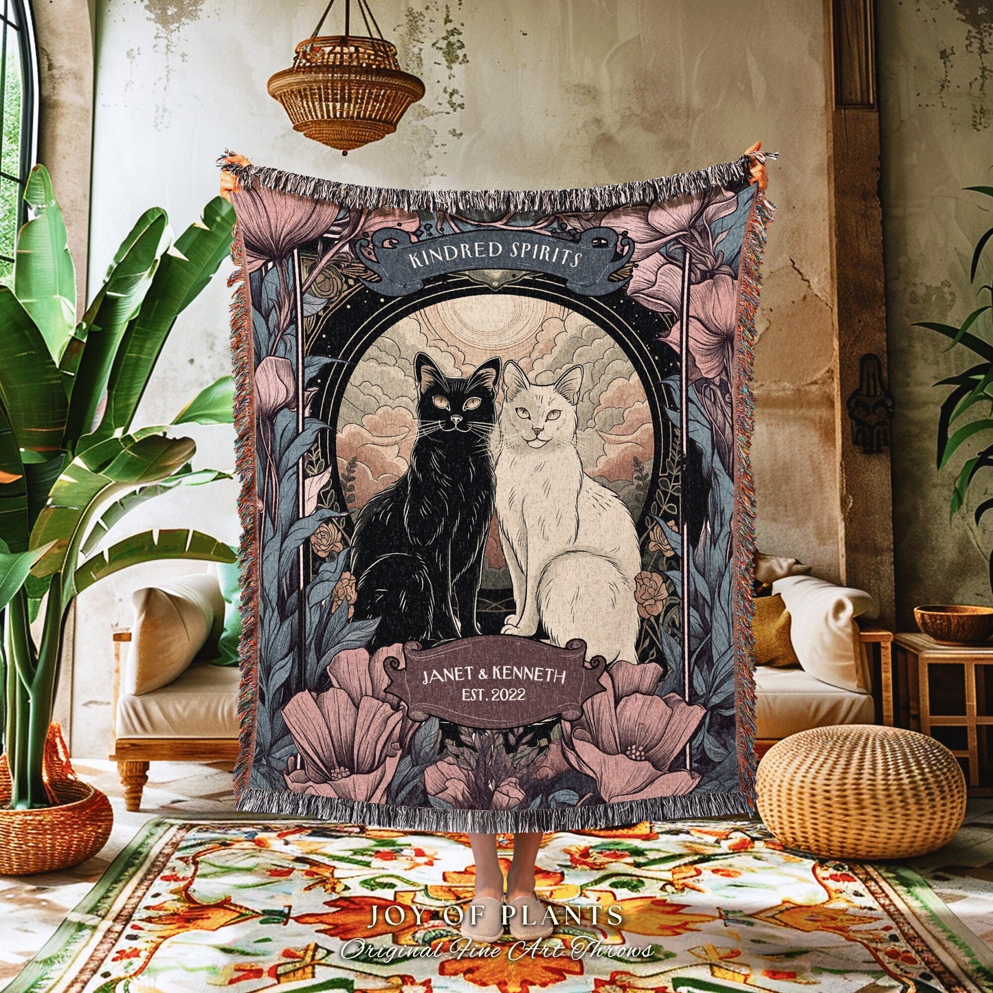 Kindred Spirits Cat Couple Custom Tapestry | Gothic Aesthetic Woven Throw Blanket Personalized Cotton Anniversary Gift Gothic Tapestry |