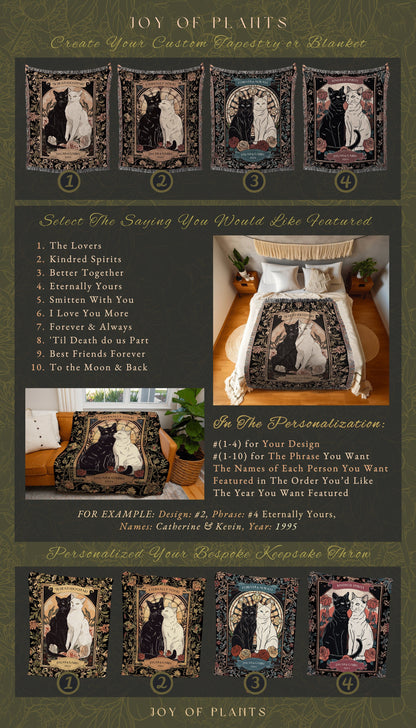 Cozy Cat Lover Couples Blanket Custom | Tarot Aesthetic Woven Throw Custom His and Hers Gift for Goths Dark Academia Personalized Tapestry