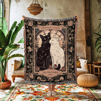 Cozy Cat Lover Couples Blanket Custom | Tarot Aesthetic Woven Throw Custom His and Hers Gift for Goths Dark Academia Personalized Tapestry