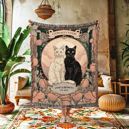 Ethereal Cat Lover Couple Blanket Custom | Goth Aesthetic Woven Throw Personalized Name Dating Anniversary Gift Dark Academia Tapestry