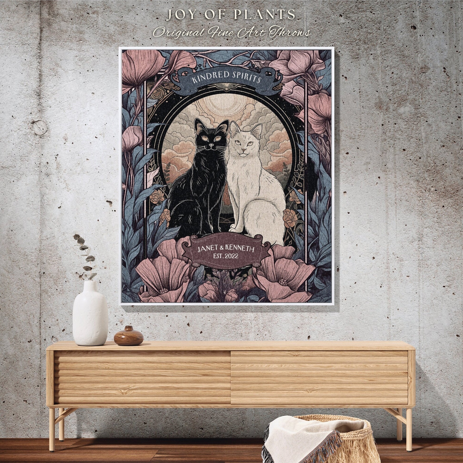 Kindred Spirits Cat Couple Custom Tapestry | Gothic Aesthetic Woven Throw Blanket Personalized Cotton Anniversary Gift Gothic Tapestry |