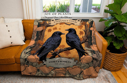 Personalized Anniversary Blanket | Crowcore Couple Aesthetic Woven Throw Custom Dating Anniversary 'Til Death do us Part' Raven Tapestry |