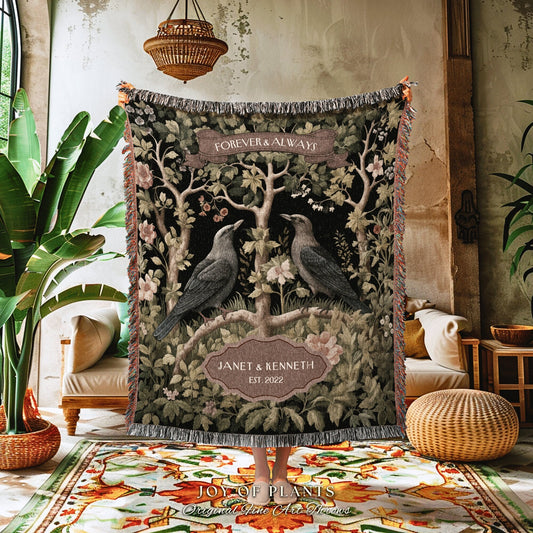 Woodland Gothic Crow Couple Blanket | Crowcore Aesthetic Woven Throw Personalized Dating Anniversary Raven Gift for Goths Custom Cottagecore