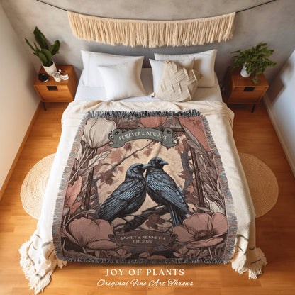 Raven Couple Blanket Personalized Names | Crowcore Aesthetic Woven Throw Custom Dating Anniversary 'Til Death do us Part' Crow Tapestry |