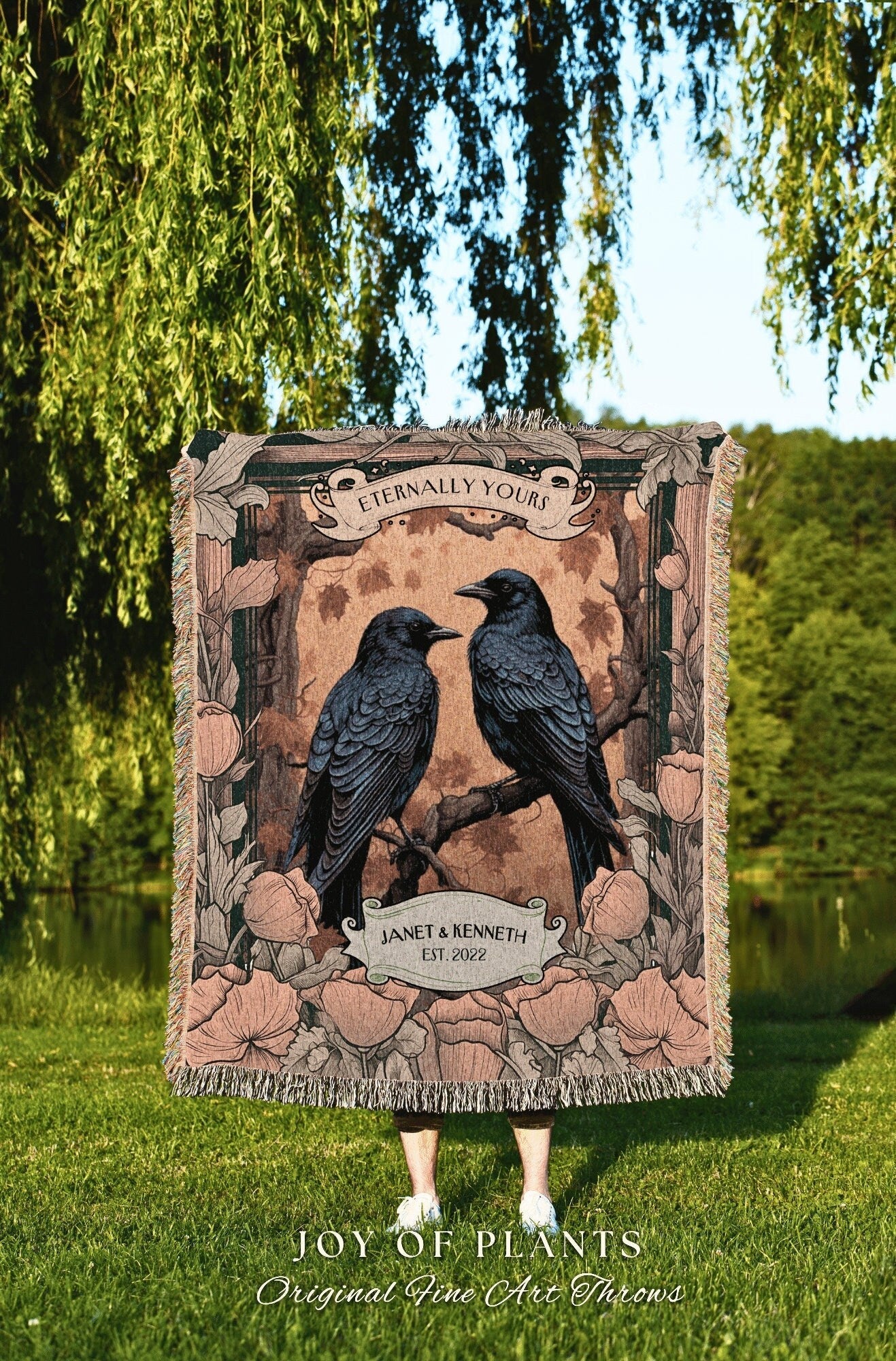 Personalized Anniversary Blanket | Crowcore Couple Aesthetic Woven Throw Custom Dating Anniversary 'Til Death do us Part' Raven Tapestry |