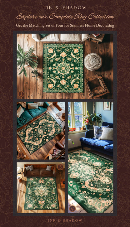 Eclectic Aesthetic Forest Green Rug | Emerald Green Maximalist Aesthetic Bedroom Decor Classic Ornate Victorian Rug Nordic Inspired Ethereal