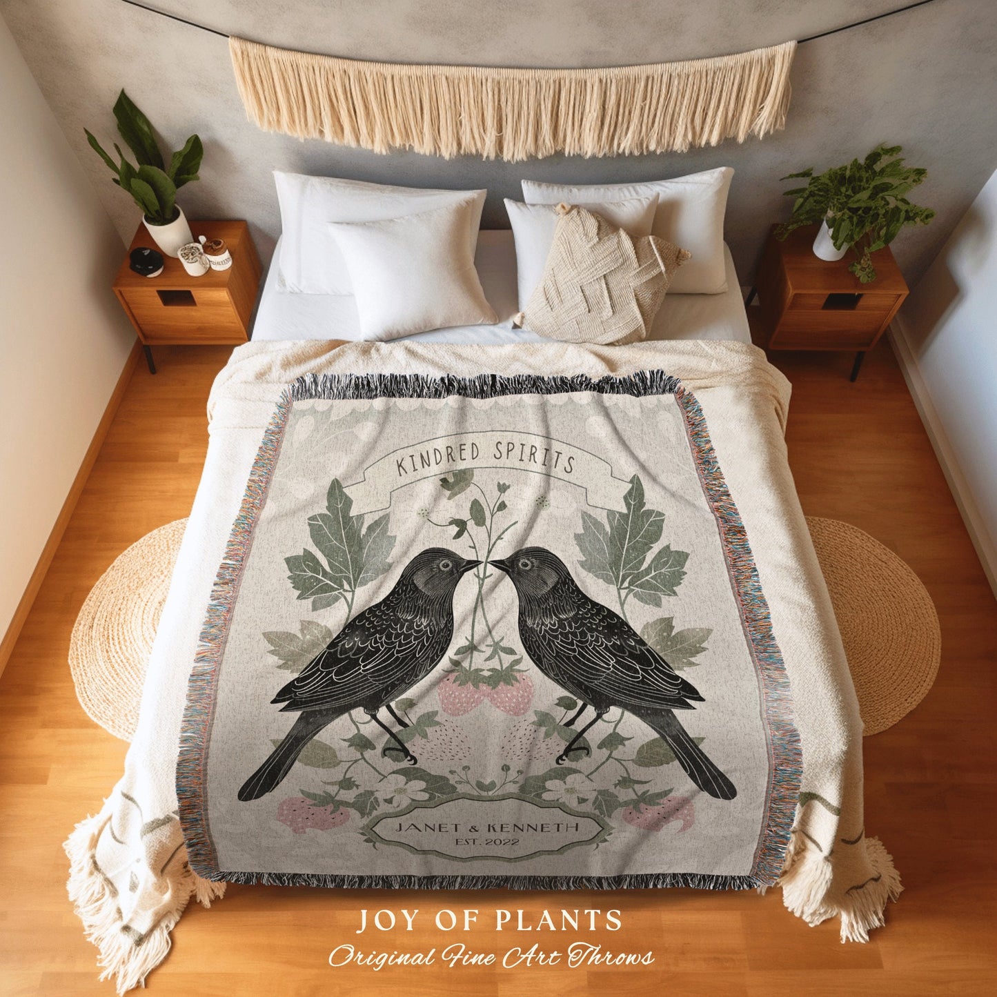 Woven Cotton Throw for Outdoorsy Couple Personalized Cottagecore Lovebirds Scandinavian Aesthetic Dating Anniversary Woodland Light Gothic