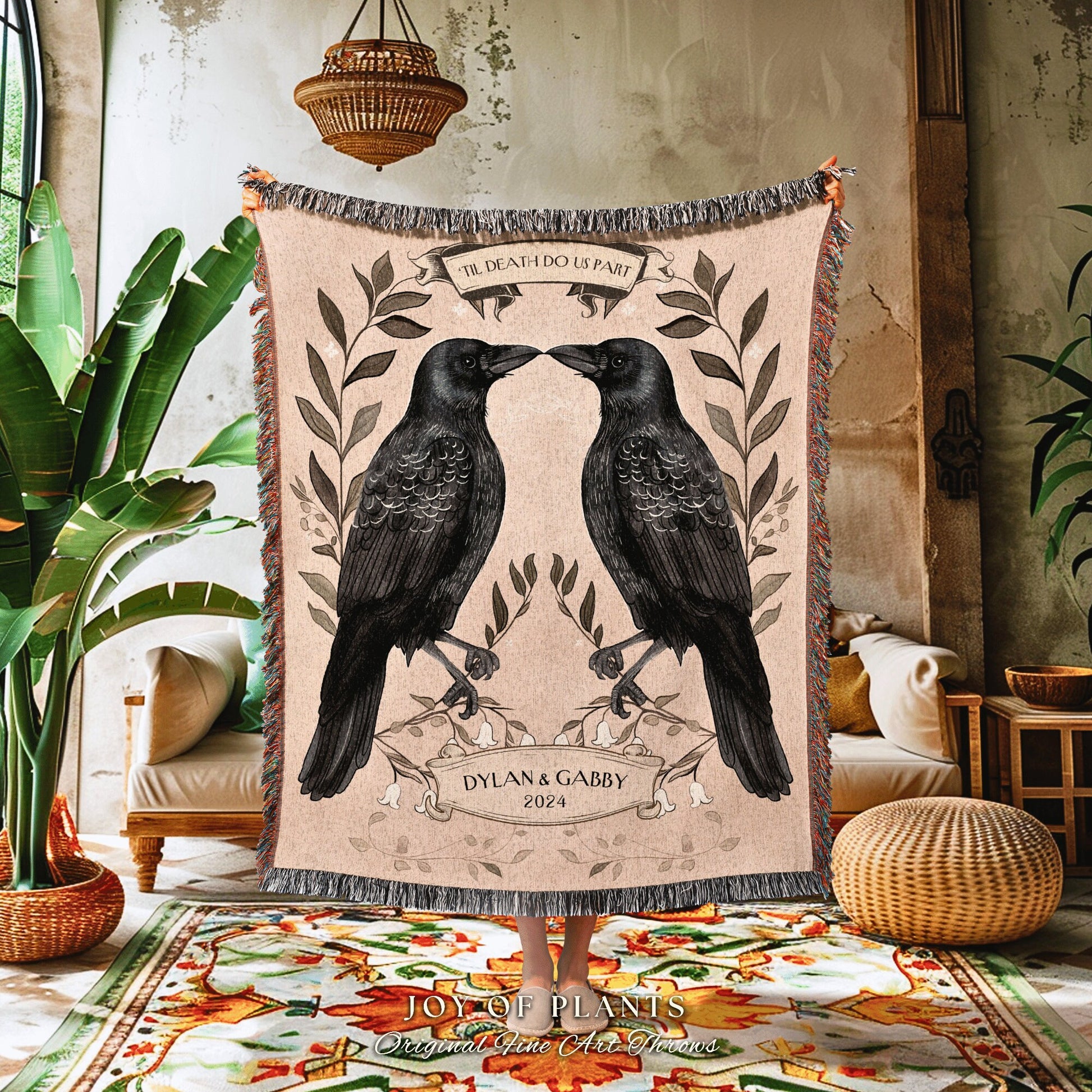 Witchy Raven Couple Picnic Blanket | Boho Folklore Aesthetic Woven Throw Custom Dating Anniversary Kindred Spirits Crow Tapestry Minimalist