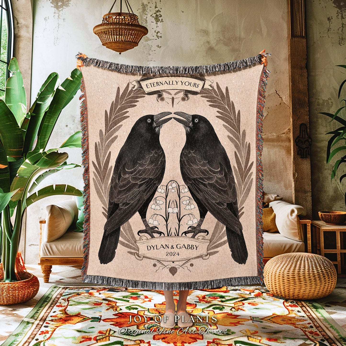 Mystic Crow Couple Woven Blanket | Folklore Aesthetic Woven Throw Custom Dating Anniversary 'Kindred Spirits' Raven Tapestry Minimalist |